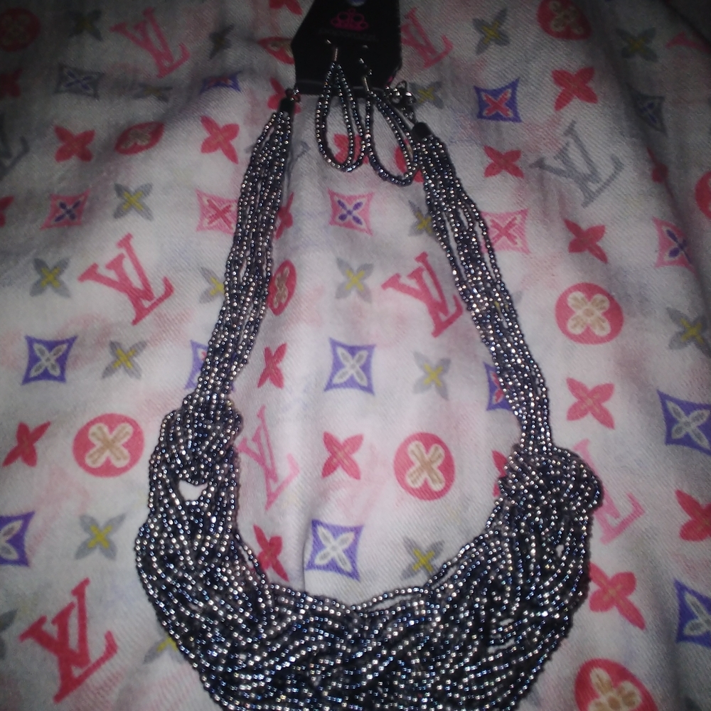 Statement Necklace & Earrings Blue Gunmetal Beads